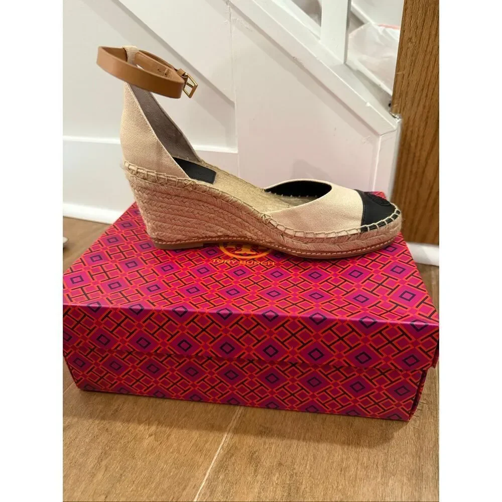 Tory Burch Cream & Black Espadrille Wedge with Tan Ankle Strap